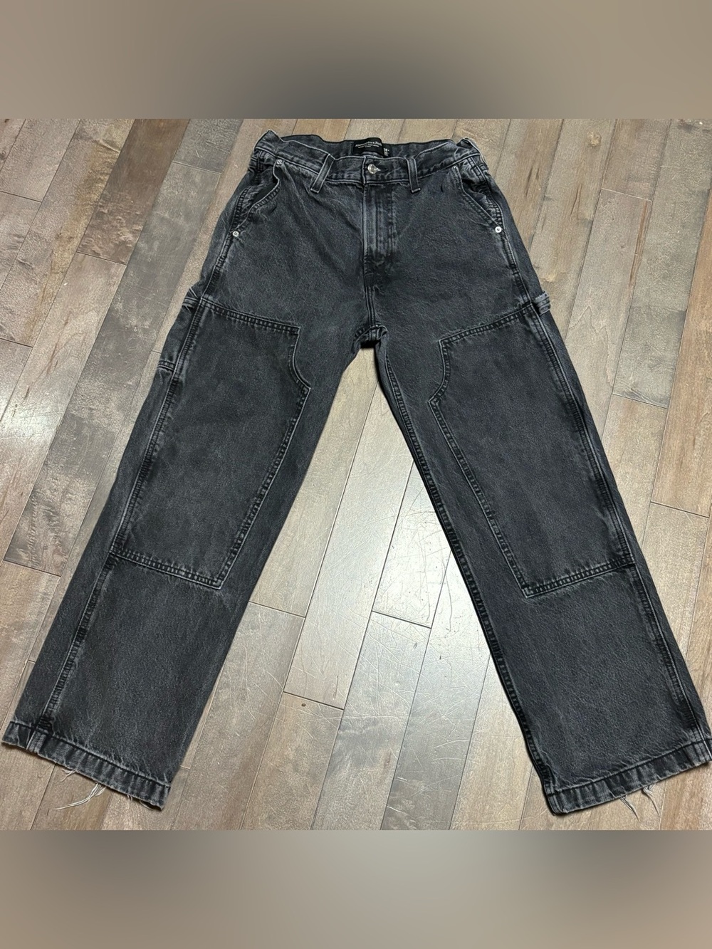 Y2K Abercrombie & Fitch Double Knee Carpenter Jeans Mens 28x30 Baggy Black Denim